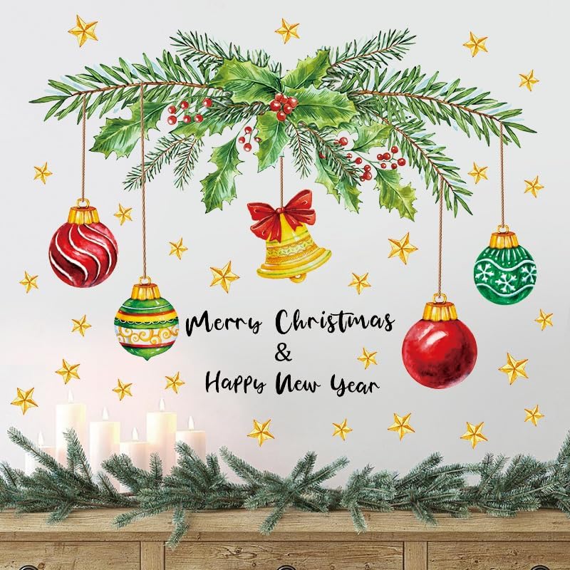 Kasubeso Large Merry Christmas Wall Decals, Peel and Stick Coloful Xmas Bell Light Ball Wall Stickers, Happy New Year Window Clings for Holiday Party Bedroom Living Room Offices Home Decoration - Image 1